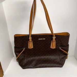 Michael Kors Women's Tote Bag Brown MK Logo Leather Trim Large